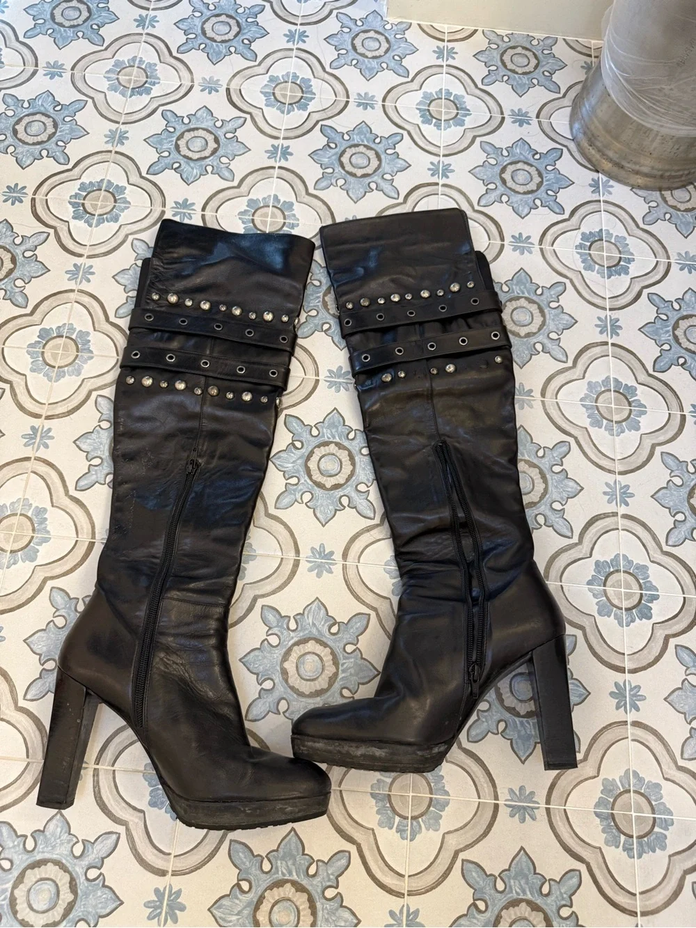 Stuart Weitzman Over the Knee - Black Studded Buckle Boots - 8.5